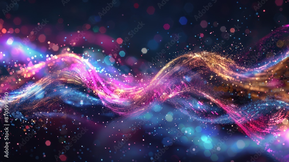 Fototapeta premium Abstract image featuring neon light trails and particles against a dark background, creating a vibrant and dynamic visual effect.