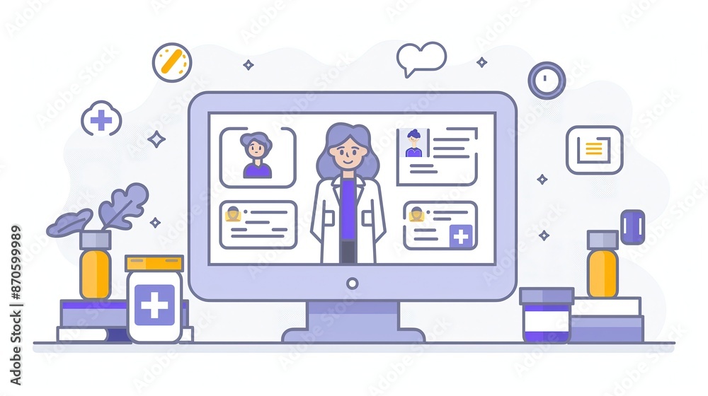 Online Medical Consultation Concept with Doctor on Screen and Healthcare Elements
Online Medical Consultation Concept with Doctor on Screen and Healthcare Elements