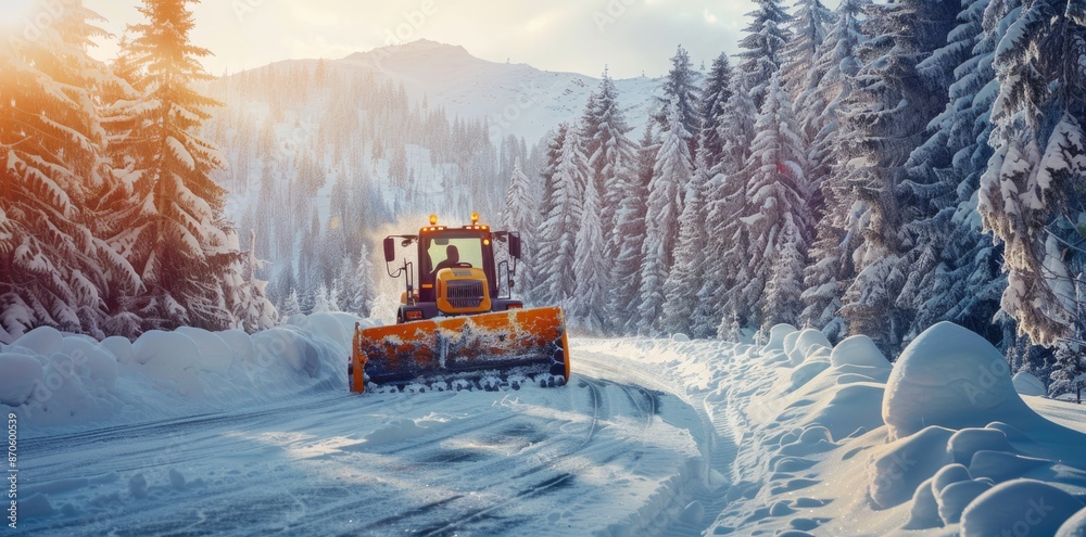 snow clearing the road in winter forest snow clearing the road in winter forest