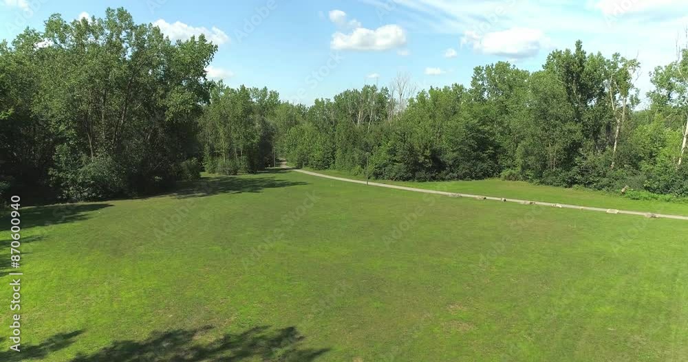 Flying forward with a drone and rising in a public park, over the green grass and showing the beautiful summer scenery