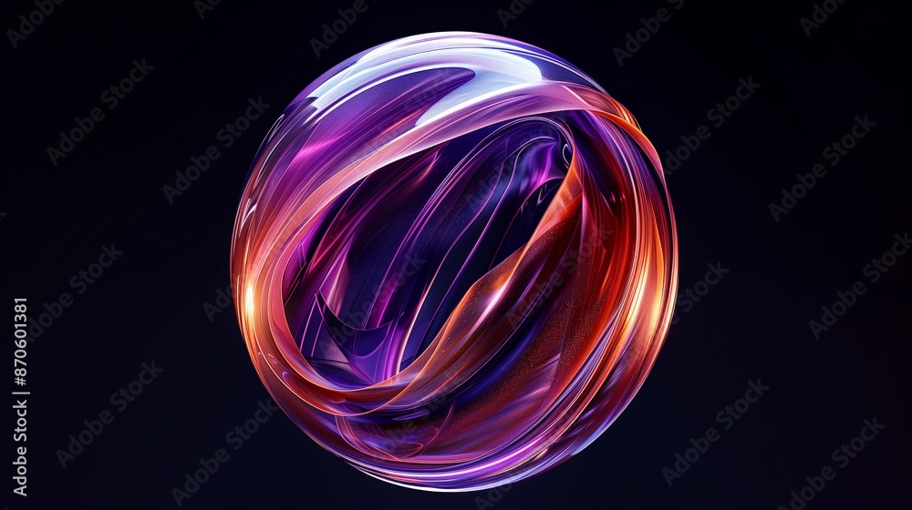 A semi-transparent gradient sphere made of purple and orange wavy lines, on a black background. A semi-transparent gradient sphere made of purple and orange wavy lines, on a black background.