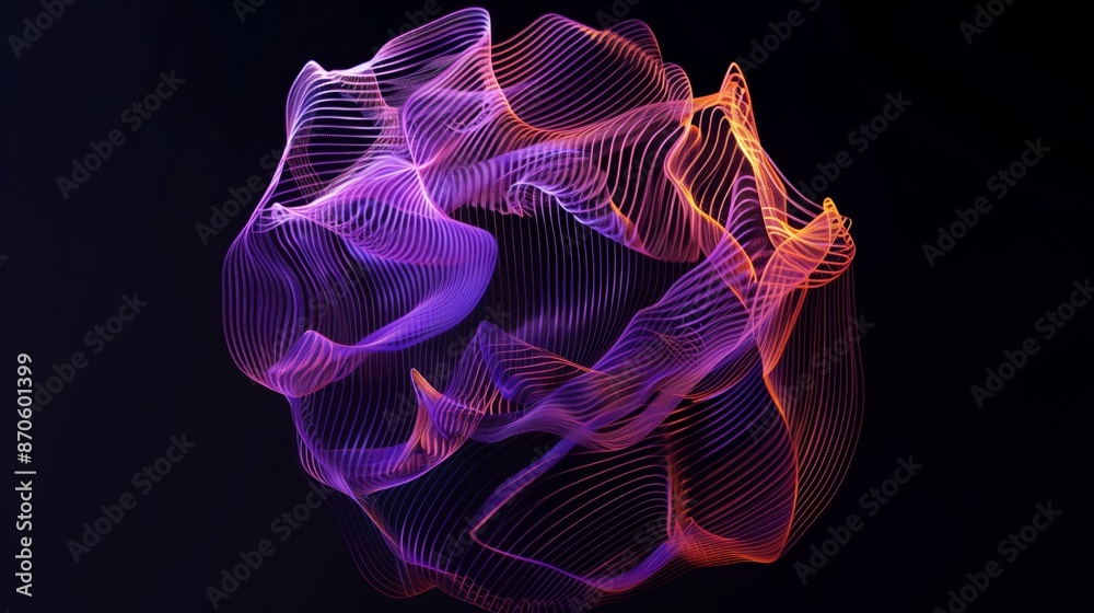 Fototapeta premium A semi-transparent gradient sphere made of purple and orange wavy lines, on a black background.