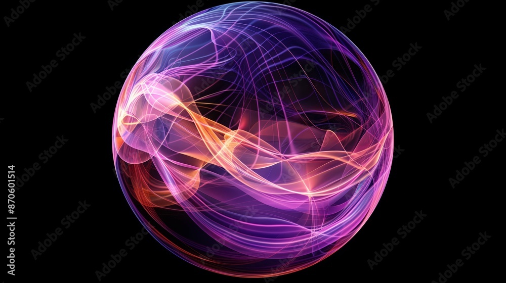 A semi-transparent gradient sphere made of purple and orange wavy lines, on a black background. A semi-transparent gradient sphere made of purple and orange wavy lines, on a black background.