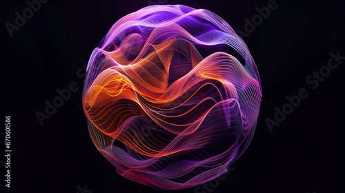 A semi-transparent gradient sphere made of purple and orange wavy lines, on a black background.