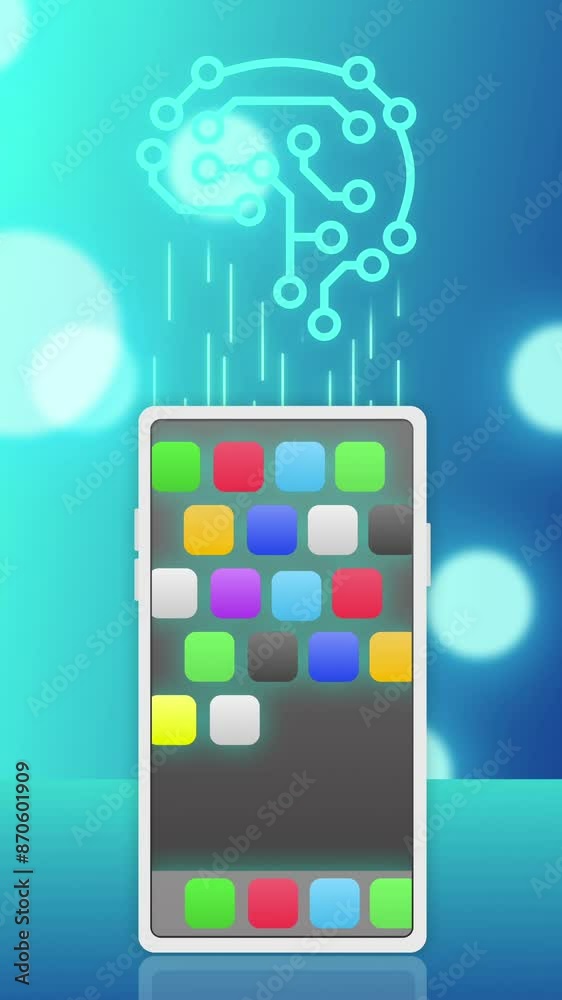 Un cerveau technologique représentant l'Intelligence artificiel sur un fond bleu numérique transfert des données à un smartphone Un cerveau technologique représentant l'Intelligence artificiel sur un fond bleu numérique transfert des données à un smartphone
