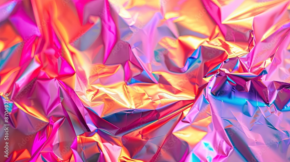 Crumpled pink foil. The background shimmers with all the colors of the rainbow. Crumpled pink foil. The background shimmers with all the colors of the rainbow.