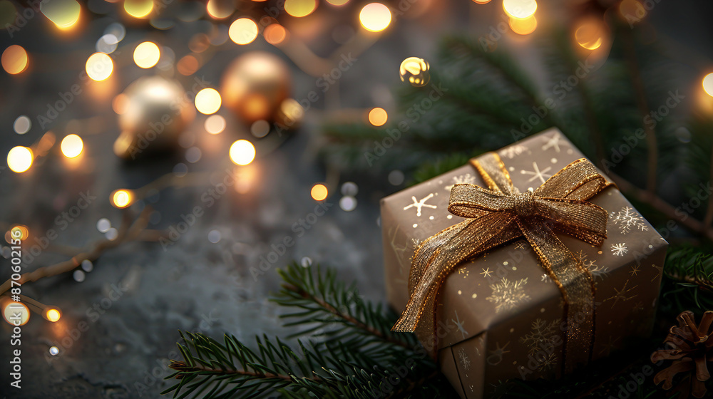 Elegant Christmas Present with Gift Box and Fir Tree Branches on Black Table Against Blurred Festive Lights - Holiday Celebration Decoration in Winter Season Elegant Christmas Present with Gift Box and Fir Tree Branches on Black Table Against Blurred Festive Lights - Holiday Celebration Decoration in Winter Season