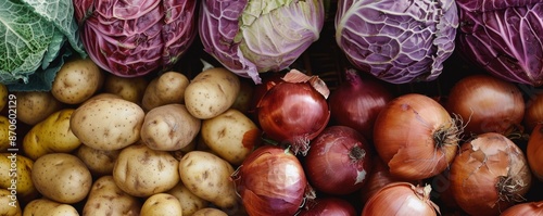Assorted fresh vegetables including potatoes, red onions, and cabbages, top view. Healthy eating and organic farming concept