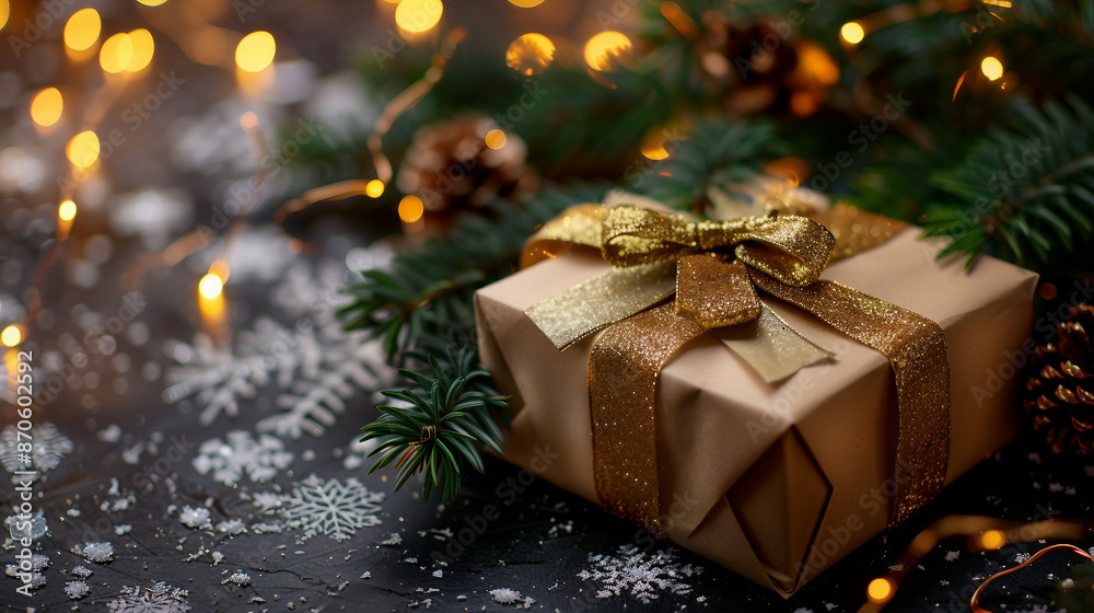 Elegant Christmas Present with Gift Box and Fir Tree Branches on Black Table Against Blurred Festive Lights - Holiday Celebration Decoration in Winter Season