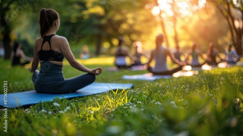People practicing yoga on mats in a serene park during sunset, creating a peaceful and mindful atmosphere. photo