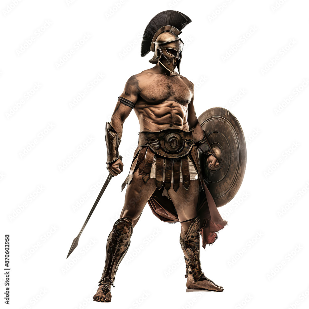 Obraz premium 3d illustration of a muscular spartan soldier with helmet, shield, and spear on a transparent background