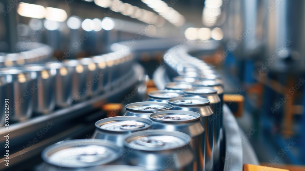Close-up of aluminum beverage cans moving along a production line in a modern factory, illustrating industrial manufacturing. Close-up of aluminum beverage cans moving along a production line in a modern factory, illustrating industrial manufacturing.