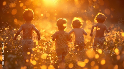 Four children joyfully running through a field of flowers at sunset, creating a warm, golden atmosphere filled with happiness.