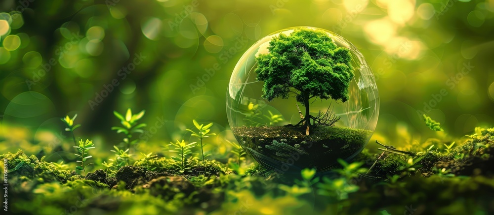 A captivating image of a vibrant green tree inside a glass sphere, set in a lush forest with sunlight and a bokeh background. A captivating image of a vibrant green tree inside a glass sphere, set in a lush forest with sunlight and a bokeh background.