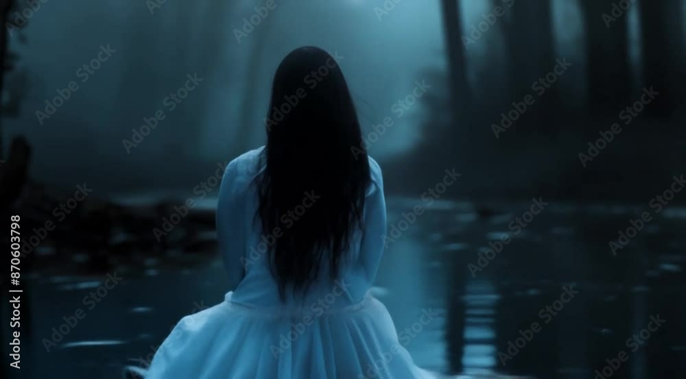 person with long hair siting in the water in dark forest. person with long hair siting in the water in dark forest.