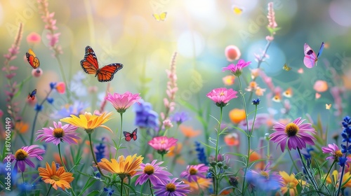 A beautiful spring meadow filled with colorful wildflowers and butterflies, bathed in soft sunlight with a dreamy bokeh background.