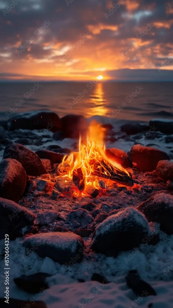 campfire burning on the beach at sunset. campfire burning on the beach at sunset.