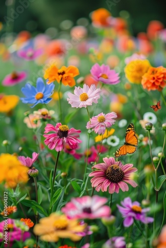 A beautiful wildflower meadow filled with colorful blooms and butterflies on a sunny day, showcasing nature's vibrant beauty. © Sunshine