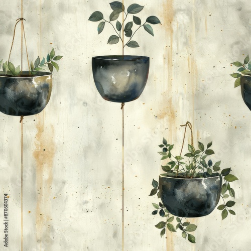 watercolor Upside-Down Hanging Pots, vintage background, minimal, high contrasty 
