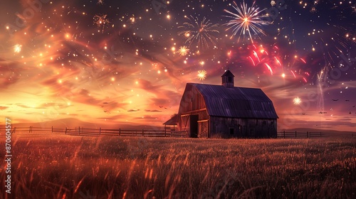 Serene Countryside Beauty: Lone Barn Silhouetted Against a Firework-Lit Sky