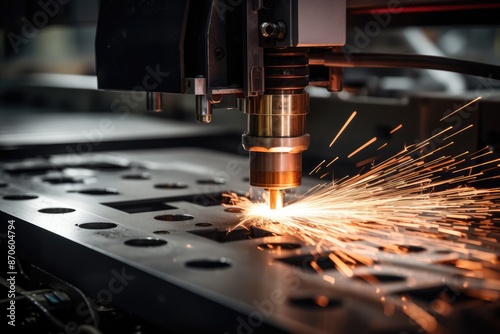 Close-up of CNC laser cutting machine producing sparks while working on a metal piece photo