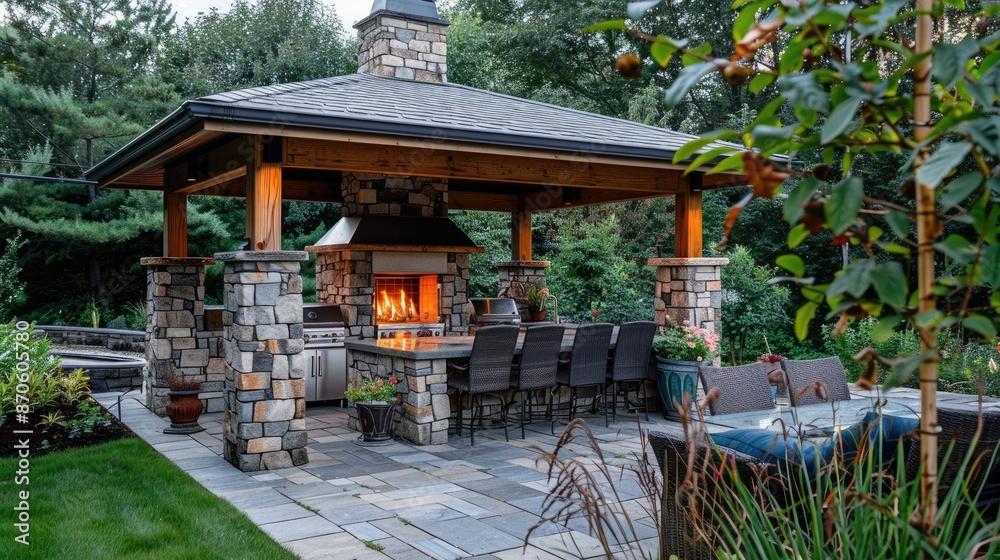 Obraz premium Stone gas fireplace in the garden in the outdoor kitchen