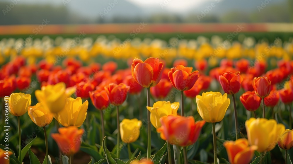 A blooming field filled with vibrant red and yellow tulips, showcasing the beauty of spring and creating a colorful and cheerful landscape. A blooming field filled with vibrant red and yellow tulips, showcasing the beauty of spring and creating a colorful and cheerful landscape.