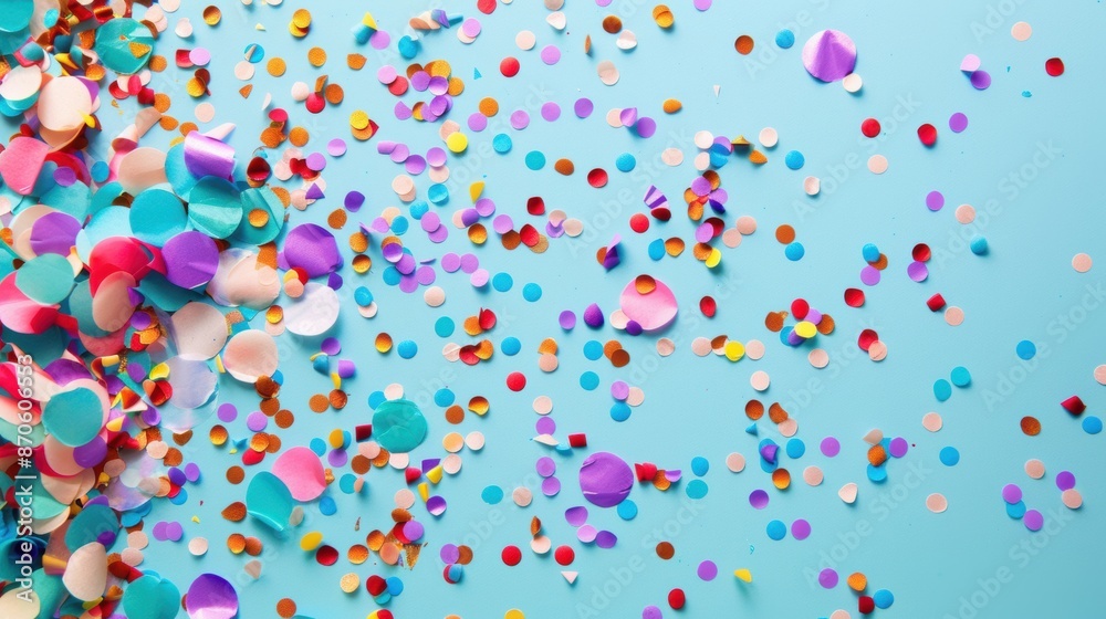 Bright and colorful confetti pieces scattered on a light blue background, creating a lively and celebratory atmosphere for festive occasions. Bright and colorful confetti pieces scattered on a light blue background, creating a lively and celebratory atmosphere for festive occasions.