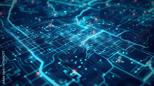 Critical Path as a complex maze in a high-tech, neon-lit world. It has the critical path highlighted as a glowing blue line. which leads to the success of the project