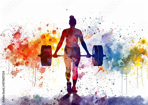 Silhouette of woman lifting heavy barbell is depicted in colorful watercolor style, the strength and determination of female weightlifter in vibrant and artistic manner.