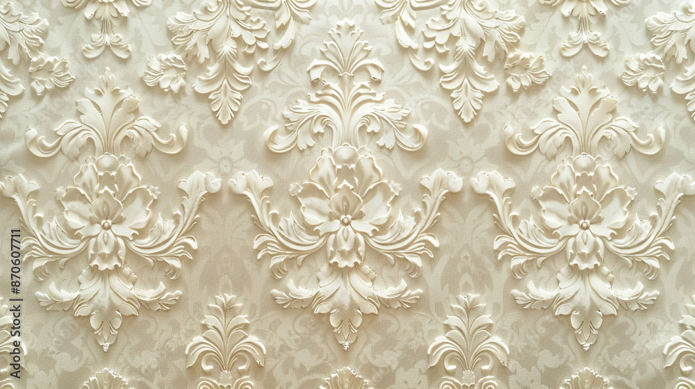 A classic damask pattern in ivory and beige, seamlessly repeating, on a delicate lace background with every detail captured in stunning UHD. A classic damask pattern in ivory and beige, seamlessly repeating, on a delicate lace background with every detail captured in stunning UHD.