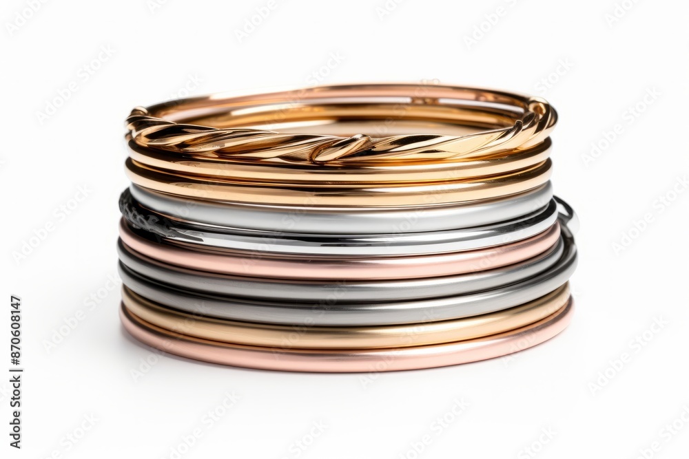 A stack of minimalist stackable bangles in various gold and silver colors, showcasing a variety of sleek designs and textures