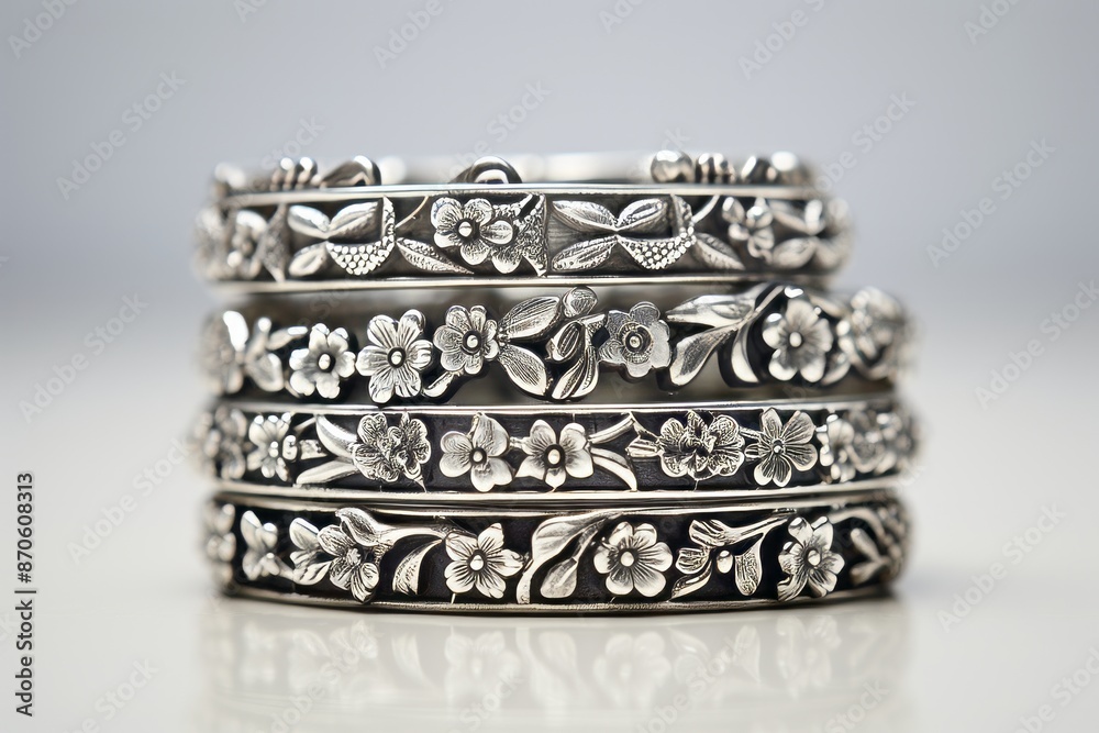 A collection of stackable sterling silver rings adorned with delicate flower designs. Each ring showcases intricate floral patterns that enhance the beauty of the silver bands A collection of stackable sterling silver rings adorned with delicate flower designs. Each ring showcases intricate floral patterns that enhance the beauty of the silver bands