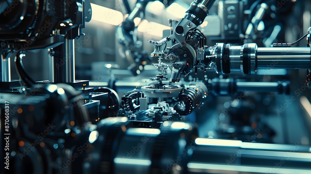 Fototapeta premium An intricate machine or factory where raw data is being transformed into polished, valuable features by robotic arms and advanced technology