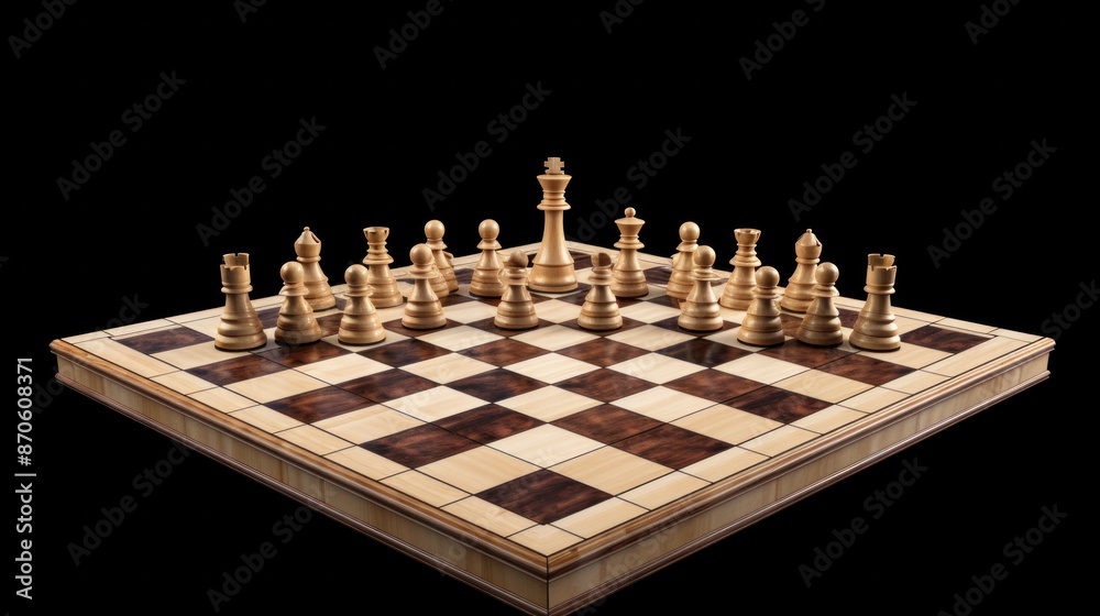 A photorealistic chessboard with all the pieces arranged in the starting position. A photorealistic chessboard with all the pieces arranged in the starting position.