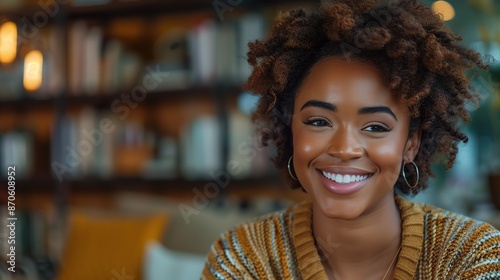 Smiling African Woman with Curly Hair in Cozy Library Wearing Striped Sweater, Space For Copy Text 