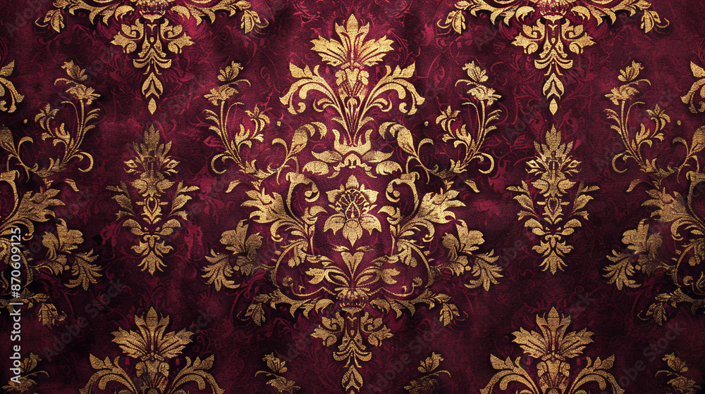 A luxurious damask pattern in burgundy and gold, seamlessly repeating on a rich, velvet texture, captured in ultra-high definition. A luxurious damask pattern in burgundy and gold, seamlessly repeating on a rich, velvet texture, captured in ultra-high definition.