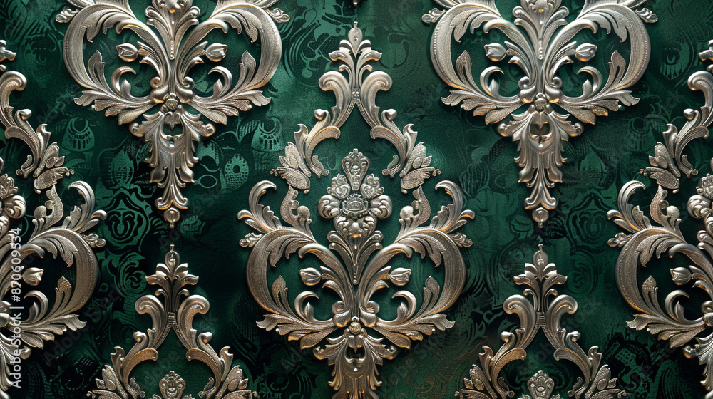 A luxurious old-fashioned damask wallpaper in rich emerald green and silver, featuring ornate patterns with a royal touch, captured in ultra-high definition. A luxurious old-fashioned damask wallpaper in rich emerald green and silver, featuring ornate patterns with a royal touch, captured in ultra-high definition.