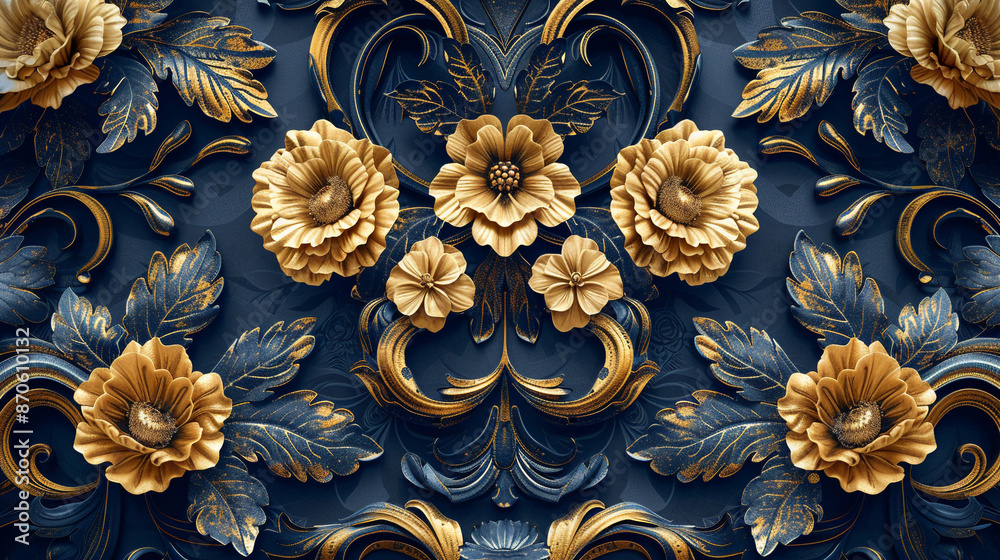 A regal floral baroque design in navy and gold, with detailed flowers and flourishes arranged in an exquisite template, captured in fine detail.