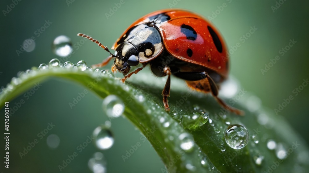 Fototapeta premium Beautiful ladybug on a green leaf of a plant with dew drops.