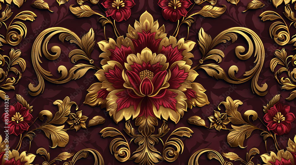 A royal Victorian seamless pattern in burgundy and gold, featuring detailed floral motifs with a timeless elegance, ideal for wrapping paper and textiles, captured in fine detail. A royal Victorian seamless pattern in burgundy and gold, featuring detailed floral motifs with a timeless elegance, ideal for wrapping paper and textiles, captured in fine detail.