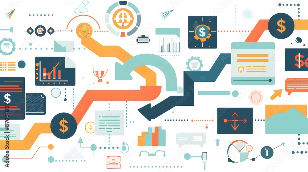 Cash flow statement with flowing arrows and icons showing cash flow from operations, investments, and financing. Emphasis is placed on moving cash through the company. Cash flow statement with flowing arrows and icons showing cash flow from operations, investments, and financing. Emphasis is placed on moving cash through the company.