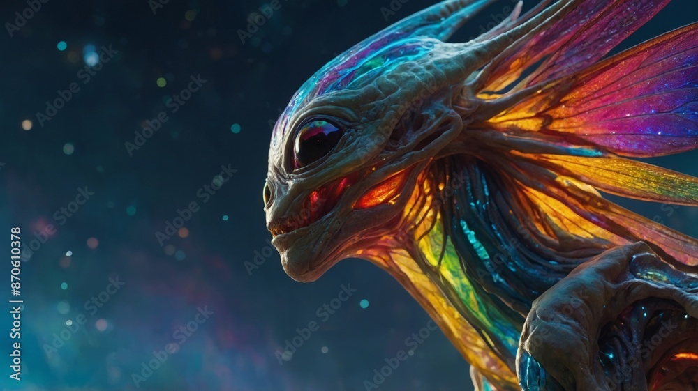 Obraz premium Glowing alien creature with delicate, translucent wings that shine like a rainbow.