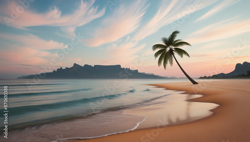 a serene beach during sunset, highlighting gentle waves, a sky awash in soft pastels, a mountain backdrop, and a coconut tree standing tall, capturing the essence of tranquility