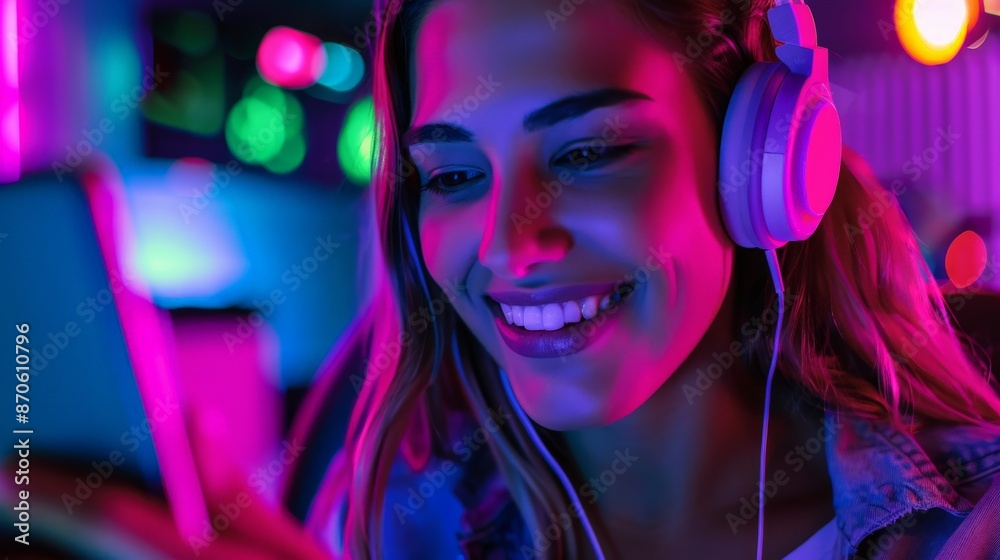 A woman in headphones smiles brightly, bathed in a vibrant pink and blue neon glow A woman in headphones smiles brightly, bathed in a vibrant pink and blue neon glow