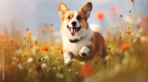 A playful Cardigan Welsh Corgi frolicking in a field of wildflowers.