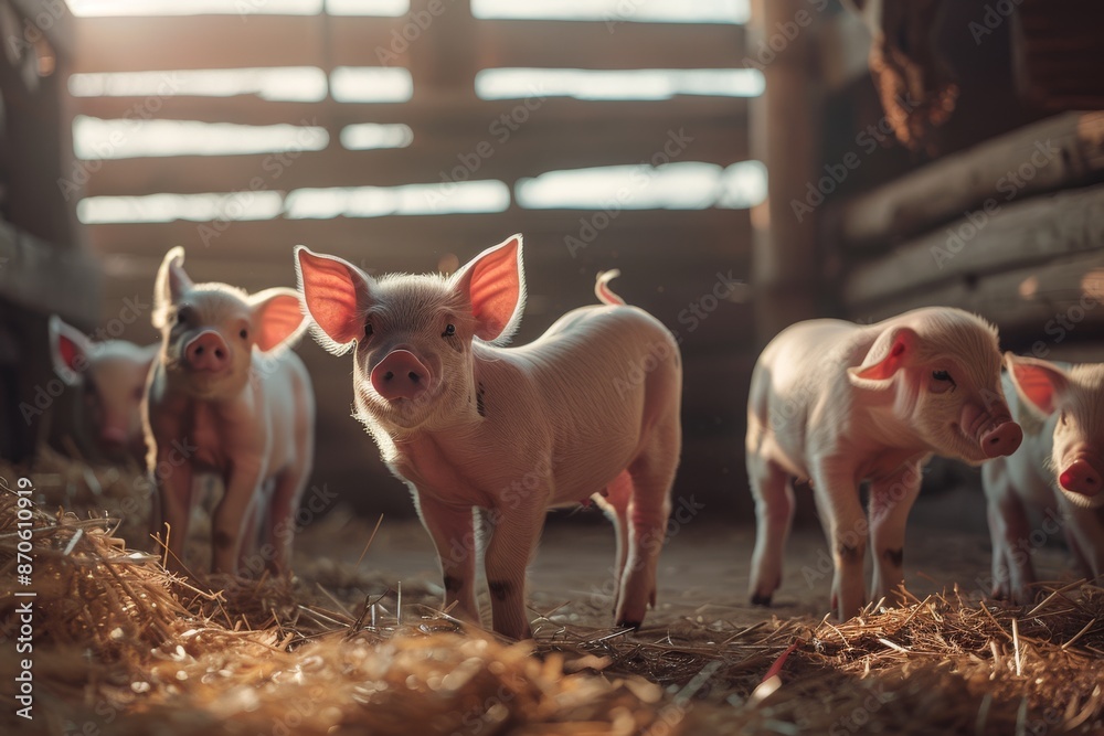 A group of adorable piglets in a barn, illuminated by soft natural lighting A group of adorable piglets in a barn, illuminated by soft natural lighting