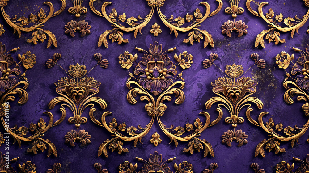 A sophisticated Victorian seamless texture in royal purple and gold, featuring detailed floral designs with a timeless appeal, perfect for wrapping and textiles, captured in fine detail.