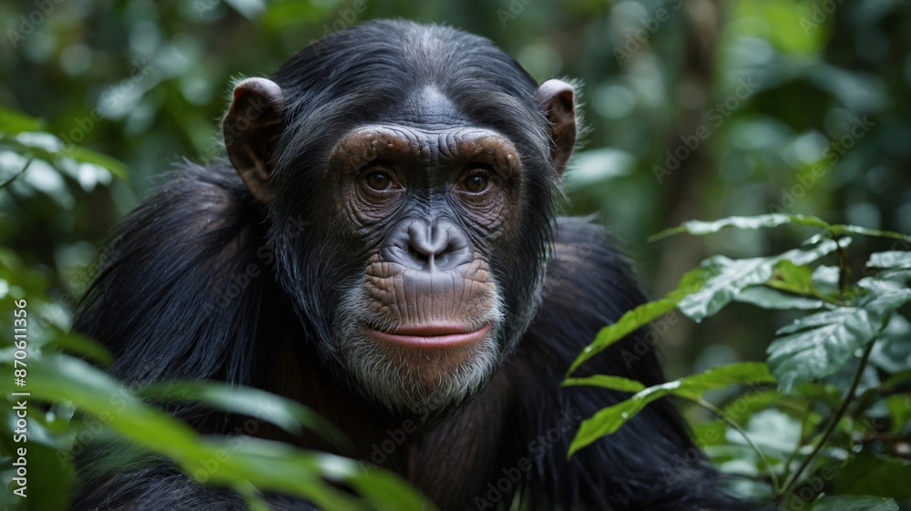 Chimpanzee in a forest, wildlife concept.