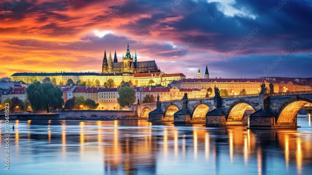 Fototapeta premium A romantic Prague Castle, overlooking the Vltava River, its architecture a blend of Gothic and Romanesque styles.
